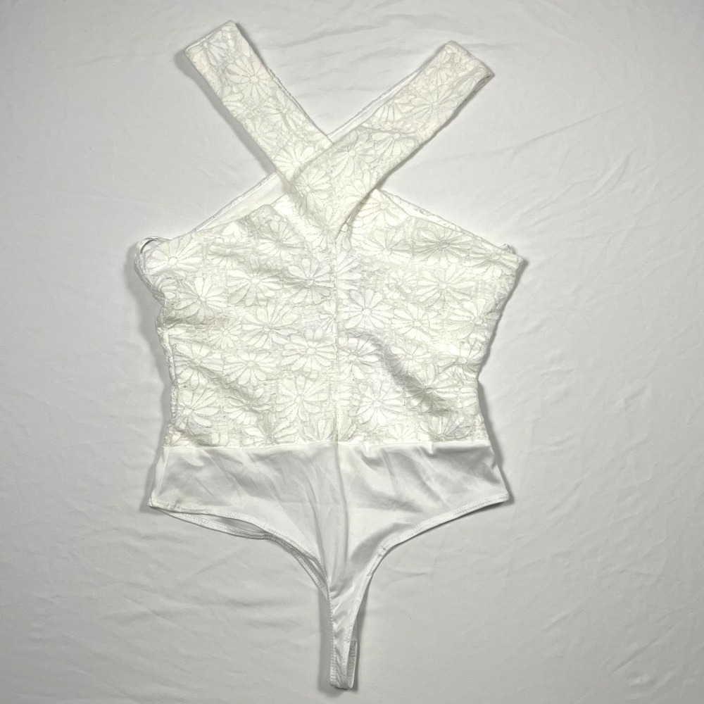 SAGE Lacey Floral Bodysuit Size M White Cross Neck Snap Leotard Made in USA NWT